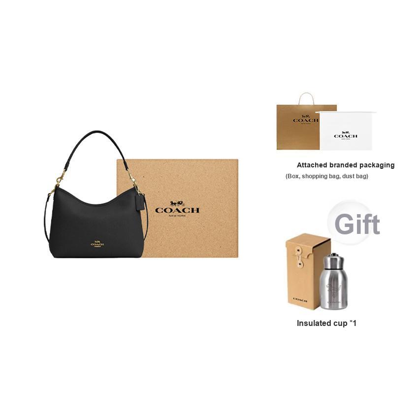 Coach Laurel 31 Logo Reißverschluss Kieselsteinleder Tragetasche Crossbody Umhängetasche Große Damen Taschen Gold Schwarz CR148-IMBLK