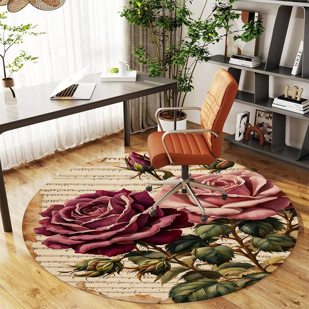 1pc Rose Music Round Chair mat office Area Rug - Non-Slip, Floor Mat for Office, Bedroom, Ideal home decor gift c0112107