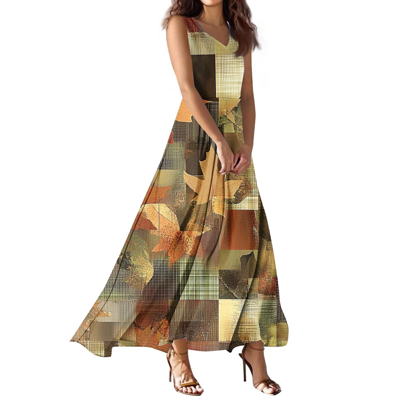 

Жіноча літня повсякденна модна сукня з принтом, V-подібним вирізом, без рукавів L коричневий