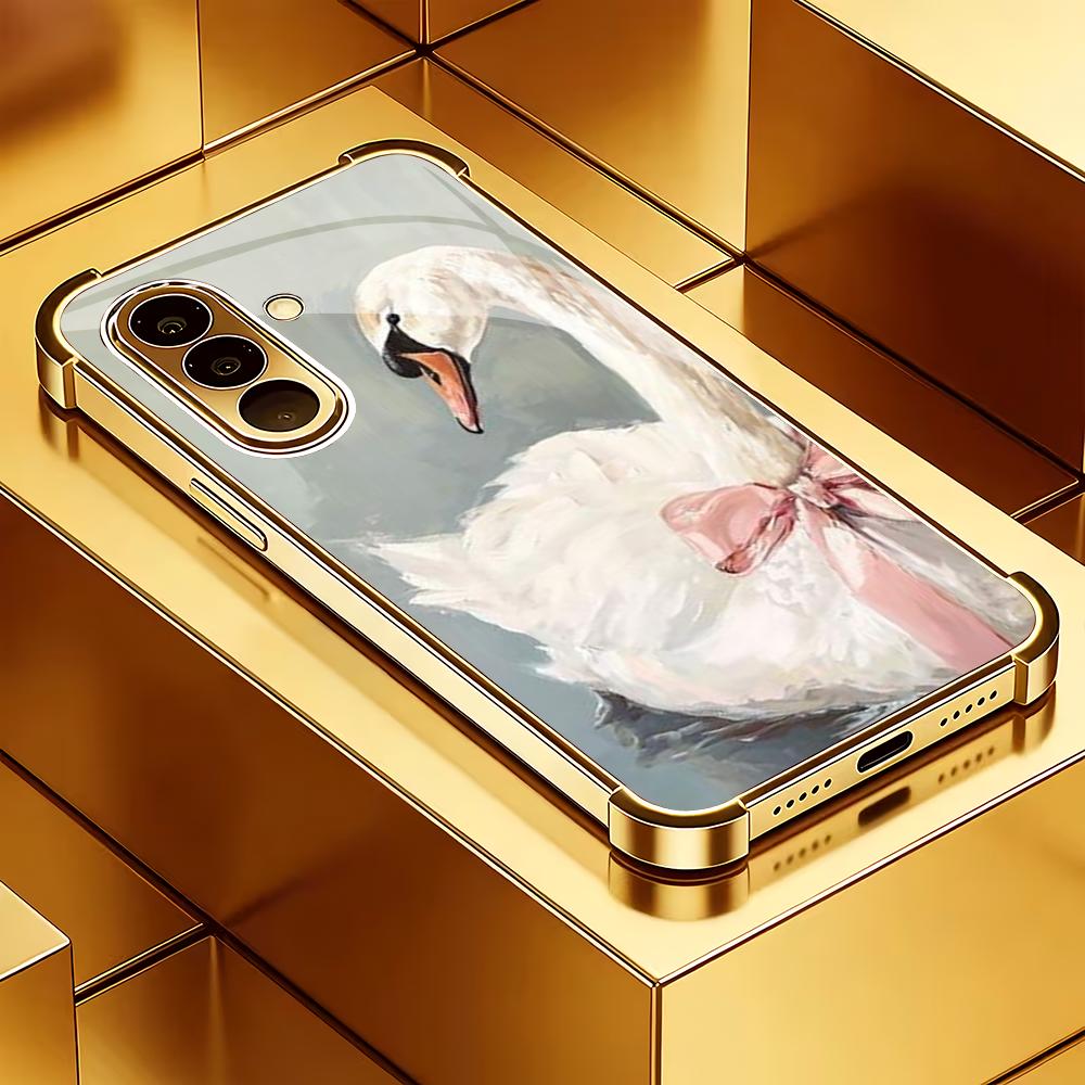 White Swan Silver Plated Glass Phone Case Suitable for Samsung Galaxy S26 S25 S24 S22 S21 S20 FE/Ultra/Plus Anti Drop Rear Cover GalaxyS24plus