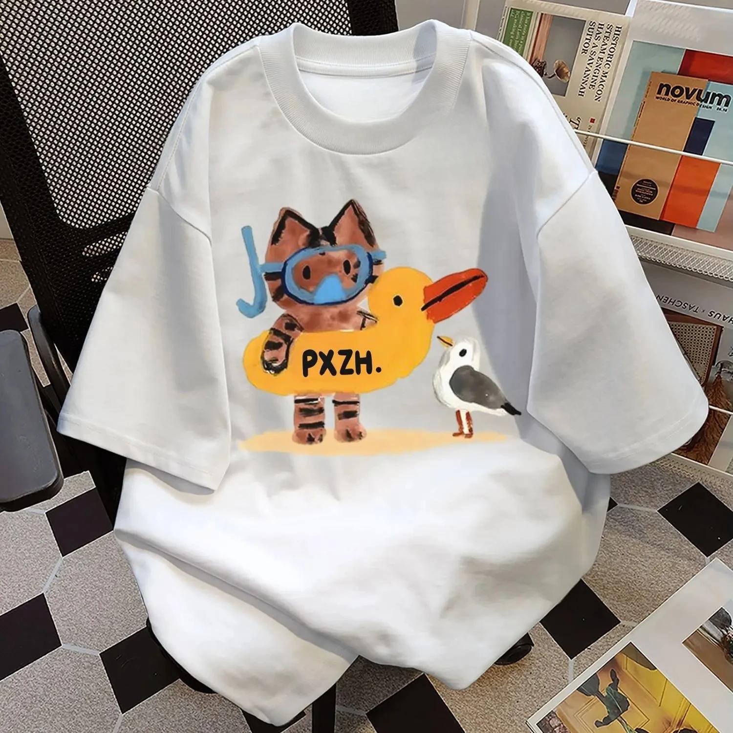 

Летняя трендовая персонализированная футболка с принтом котенка, круглым вырезом, для пары, ретро, повседневная, графическая, Харадзюку, женская S