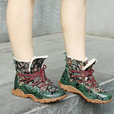 Handgemachte echtes Leder Druck gespleißt Plüsch warme Winter kurze Stiefel Retro bequeme Frauen flache Stiefel
