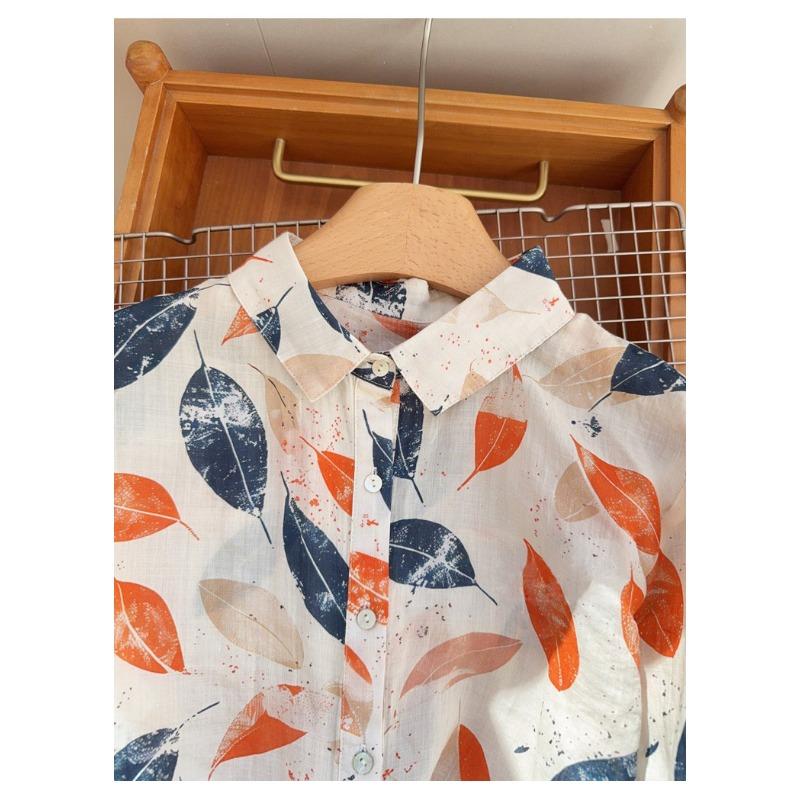 Women Autumn Leaf Print Lapel Long Sleeve Lightweight Chiffon Shirt