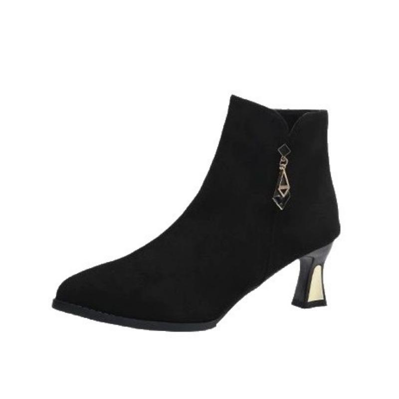 Autumn and winter new suede short fashion boots temperament thin heel black high-end velvet warm boots women