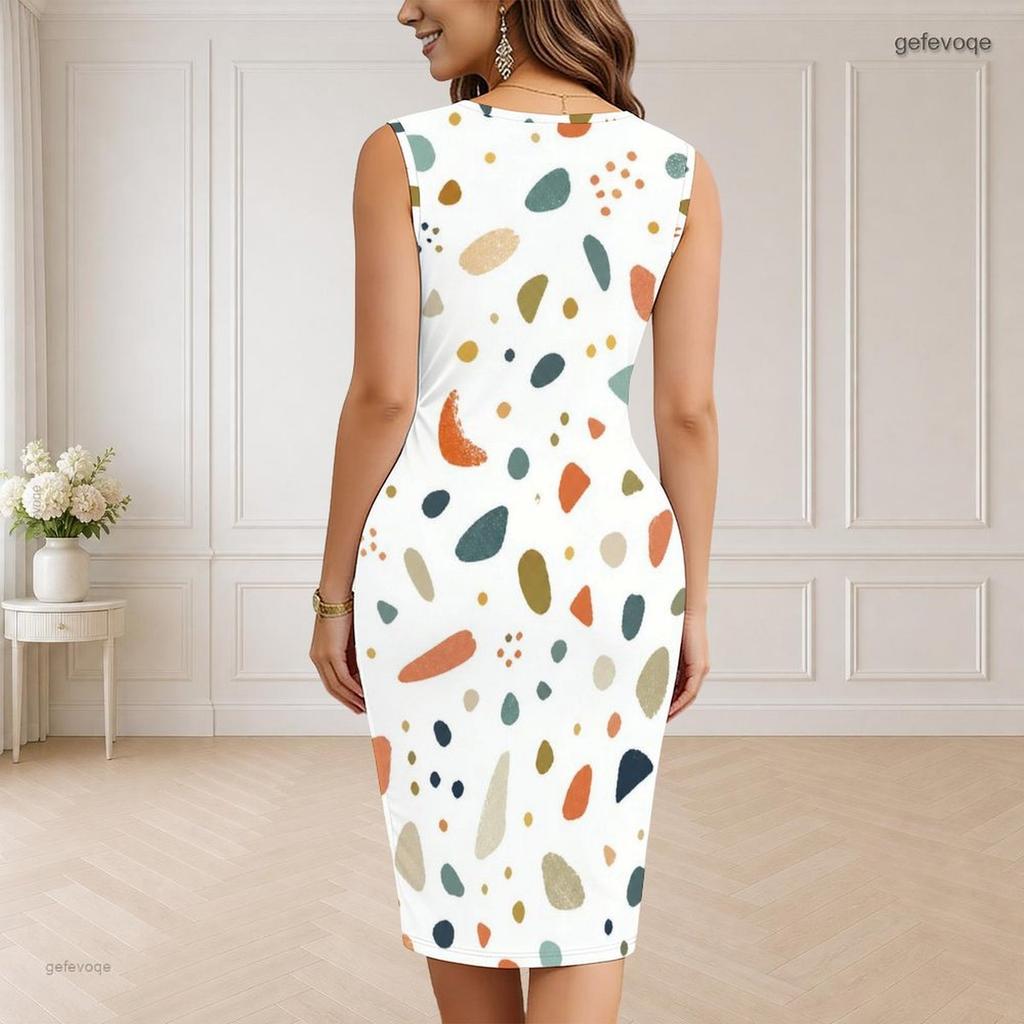 Women Plus Size White V Neck Sleeveless Printed Bodycon Midi Dress