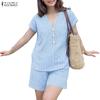 Women Short Sleeve Blouse and Shorts Stripe Print Two Piece Suit Sets