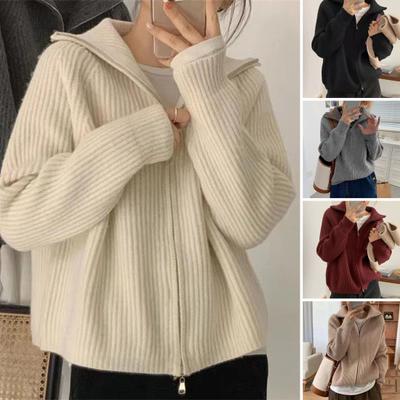 Maglione da donna, tinta unita, con risvolto, manica lunga, doppia cerniera, design lavorato a maglia