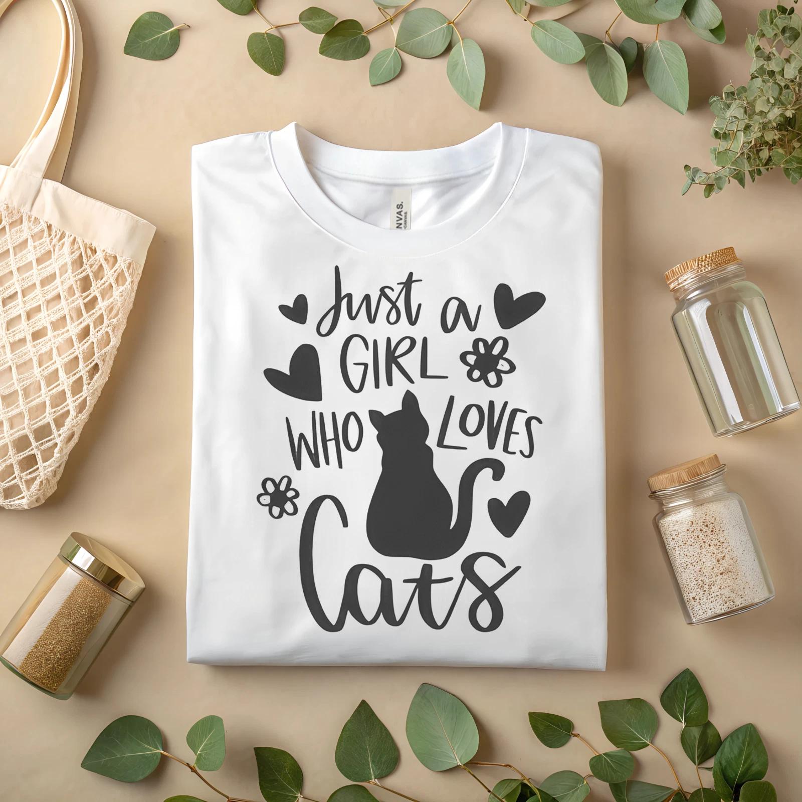 Just a Girl Who Loves Cats Cute Cat Lover Graphic Tee, Cat Mom Gift A150 S