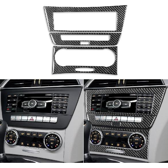 Real Carbon Fiber Car Climate Control CD Radio Panel Sticker Cover Trim Compatible with Mercedes-Benz C-Class W204 C250 C300 C350 C63 AMG 2012-2014