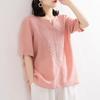 Women's Retro V-Neck Cotton Linen T-Shirt – Summer 2024 Short-Sleeve, Loose Fit, Solid Color.