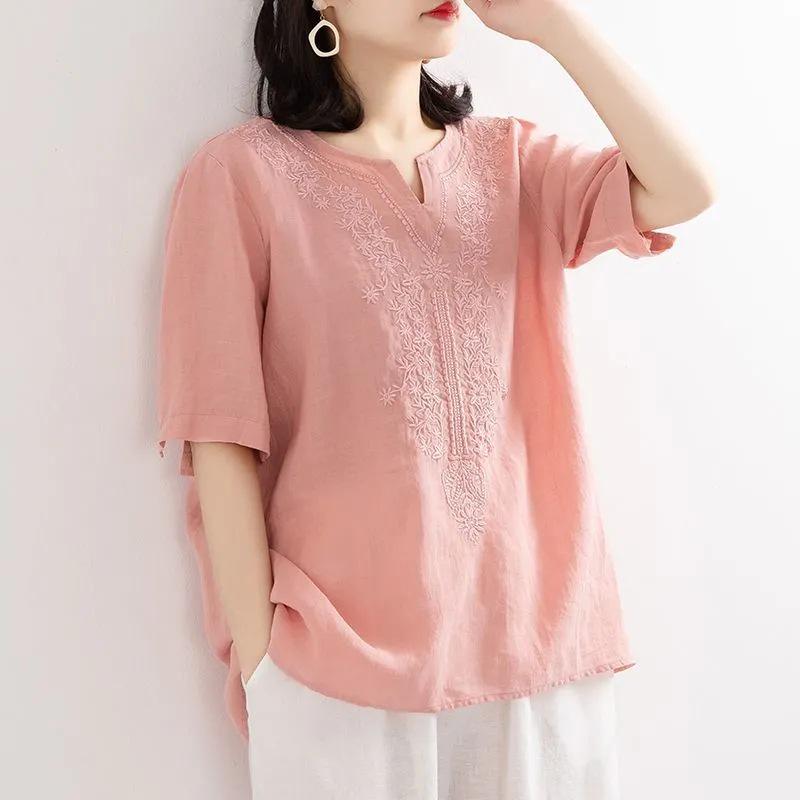 Women's Retro V-Neck Cotton Linen T-Shirt – Summer 2024 Short-Sleeve, Loose Fit, Solid Color.