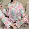 Color Matching Plaid Cartoon Pajamas Women'S Long-Sleeved Set Lapel Cardigan Loungewear Two-Piece Set