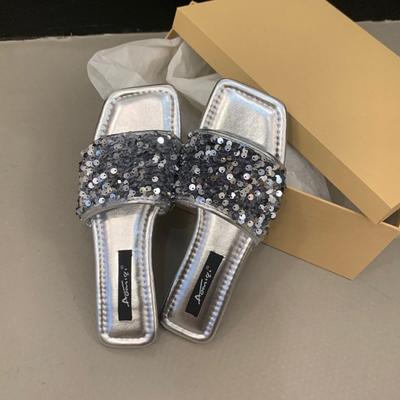 Soft-soled Premium Silver One-word Drag 2025 New Summer Women's French Rhinestone Flat-bottomed Temperament Sequins Outer Sandals
