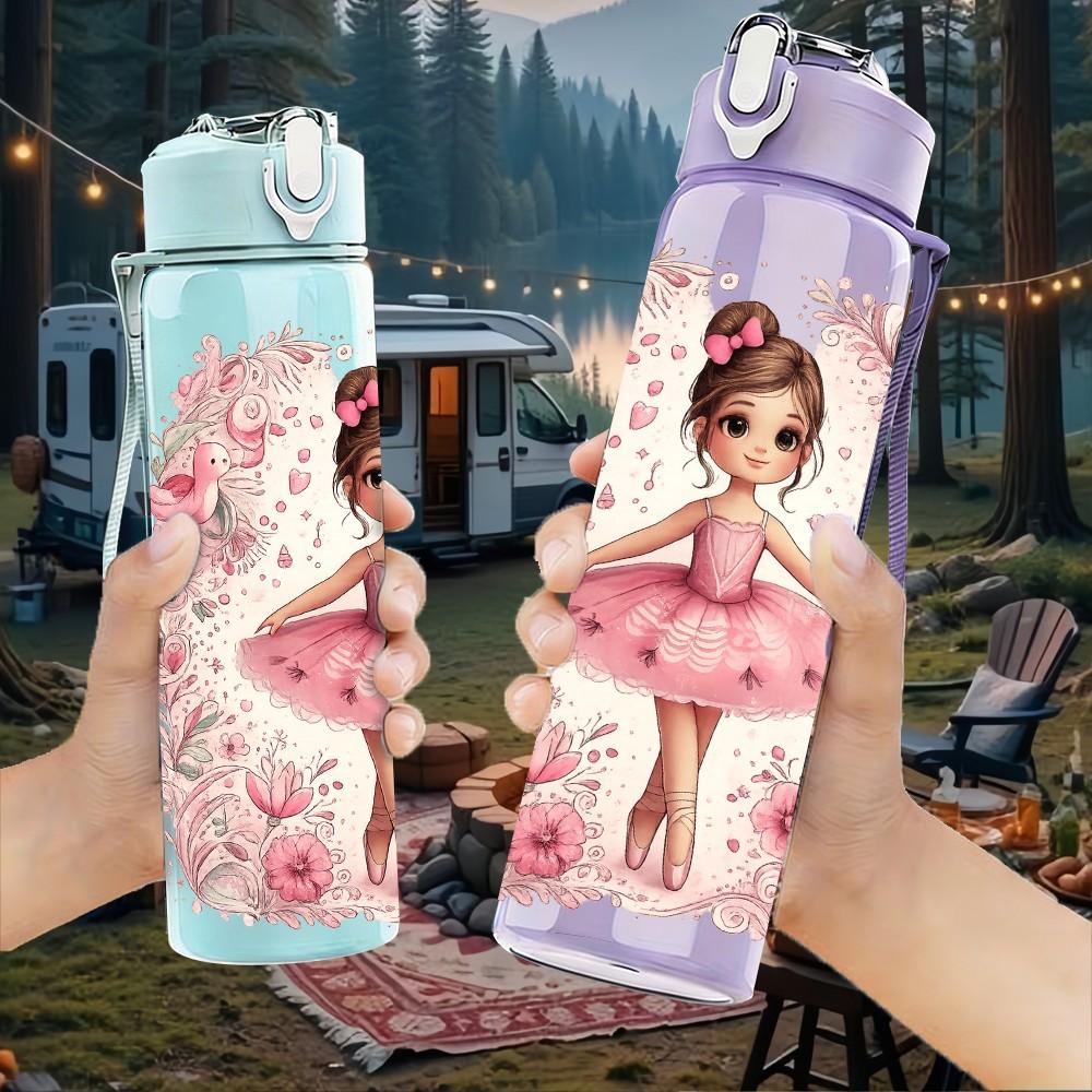 1PC Pink Floral Ballerina Girl Print 750ml Color Plastic Sports Water Bottle Leakproof Flip Straw Lid Suitable for Sports Office Home Use