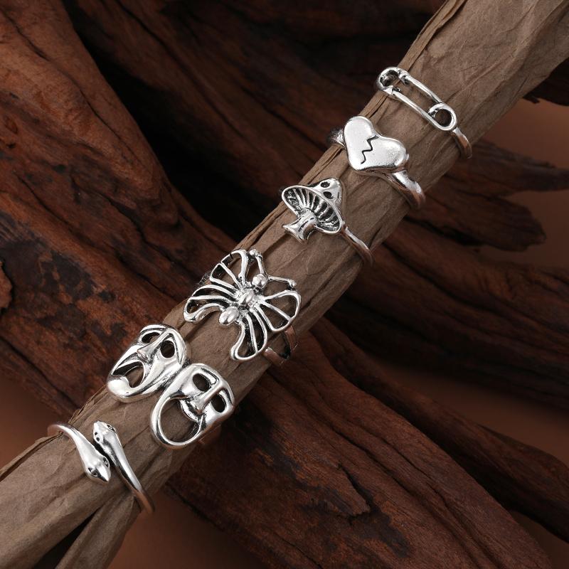 6pcs / Set Vintage Silver Women's Knuckle Ring Heart Ring Set Party Bohemian Jewelry