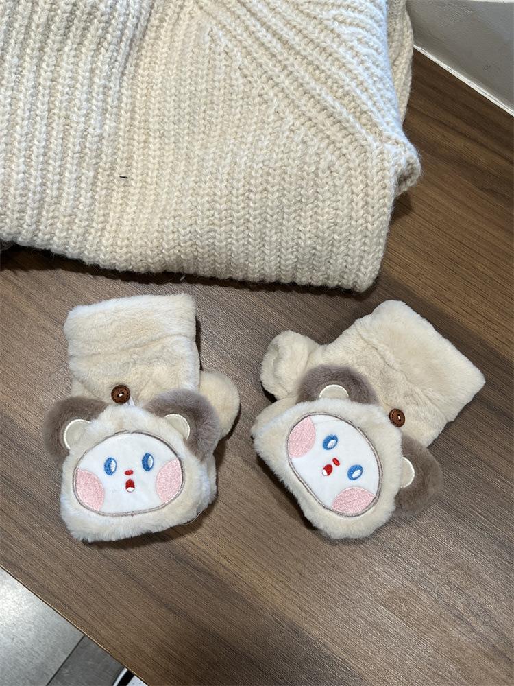 Ji Warm Koreanische Version von niedlichen Plüsch-Cartoon-Flipp-Halbfingerhandschuhen für weibliche Schüler, kältebeständig, verdickt