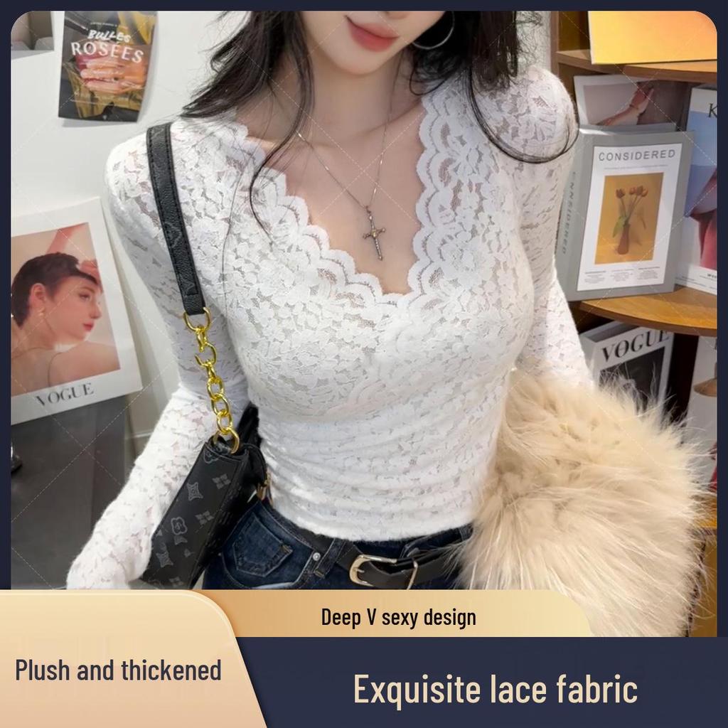 Elegantes schwarzes Spitzen-V-Ausschnitt-Oberteil für Damen - Schlankmachend Herbst/Winter Langarm