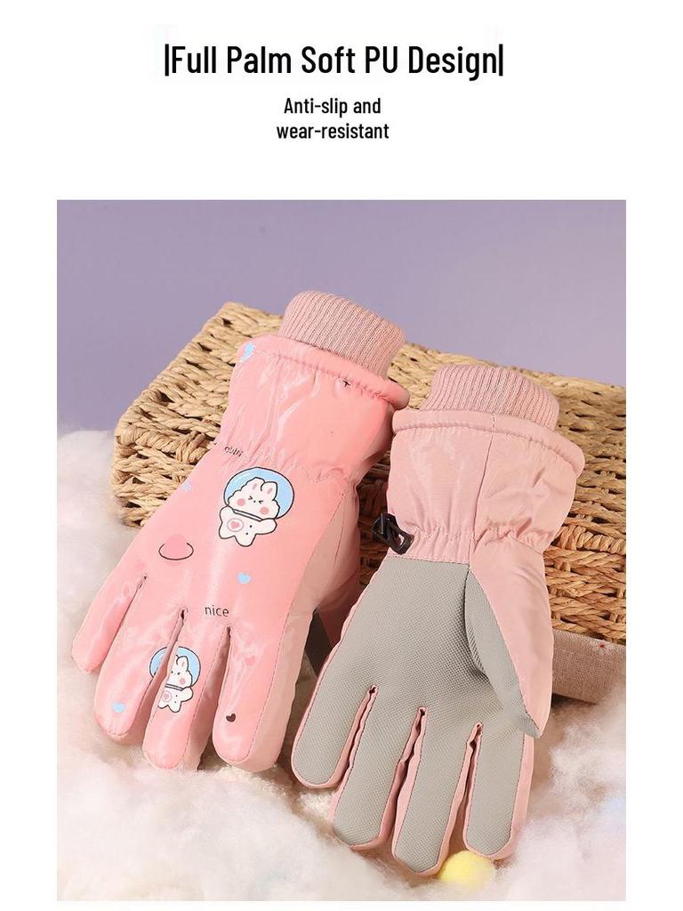 Kids' Cute Waterproof Winter Ski Gloves with Thick Velvet Lining, Warm for Boys & Girls