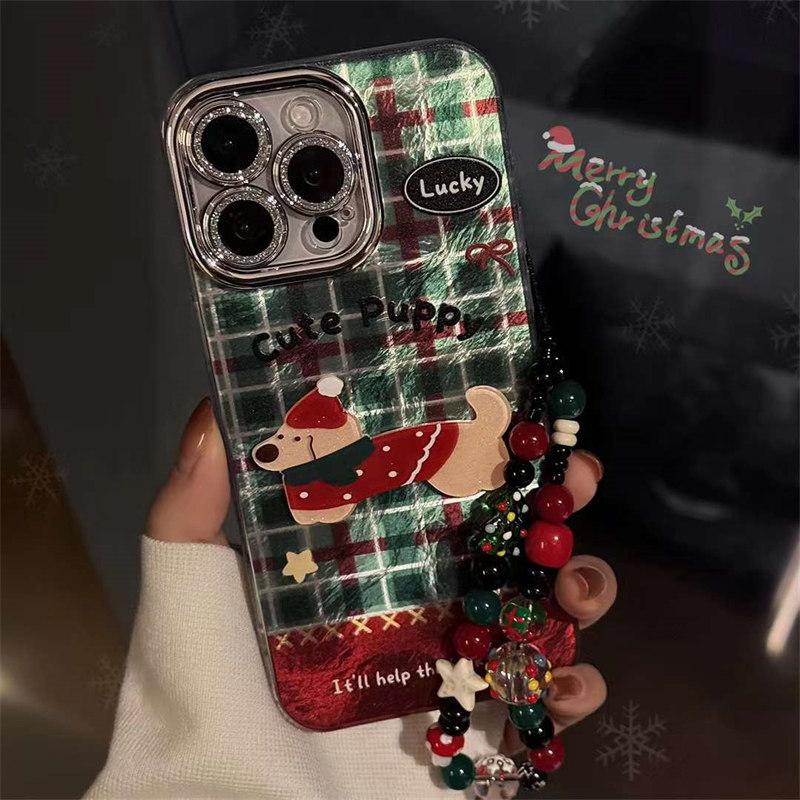 

Чехол с блестящей пленкой для линз в рождественскую клетку с изображением щенка и котенка для iPhone 16 Pro Max 15 14 Plus 13 12 Pro 11, всеобъемлющий осенний чехол с рождественской цепочкой iPhone 11
