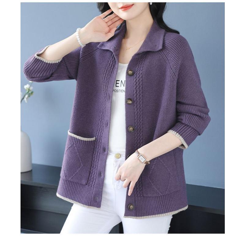Cardigan de damă de toamnă și iarnă, culoare uni, cu revere cu nasturi, la modă, cu buzunar, casual, elegant, top
