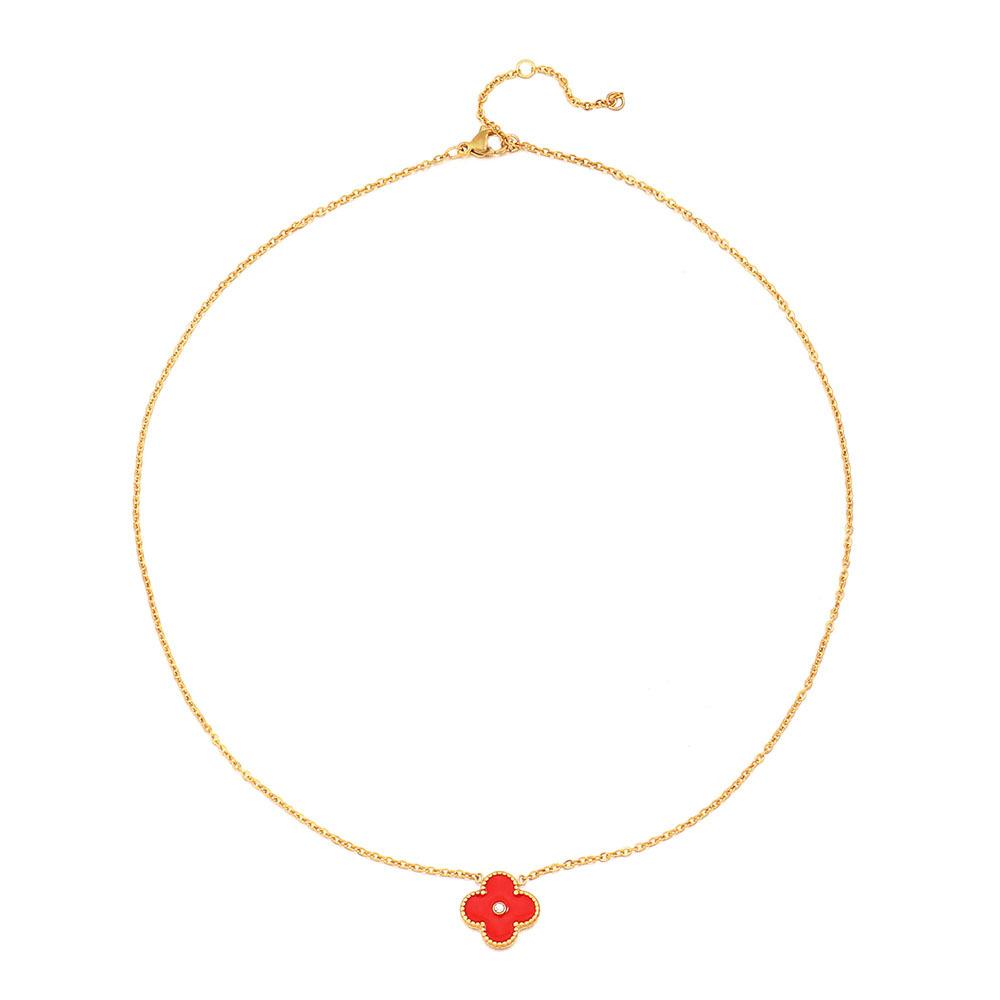 GEMCHIC Women's Four-Leaf Clover Enamel Stainless Steel Necklace with Gold Plating and Rhinestone Pendant