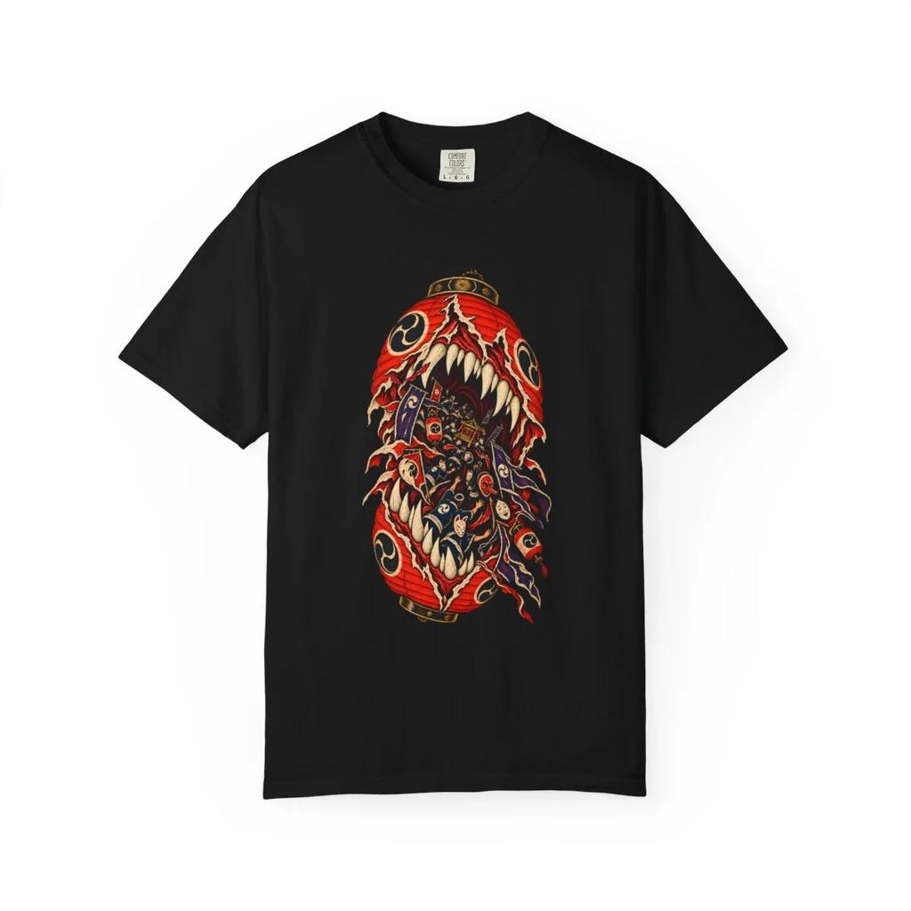 Lantern Maw Japanese Woodcut T-Shirt Black Front Print Comfort Colors 1717