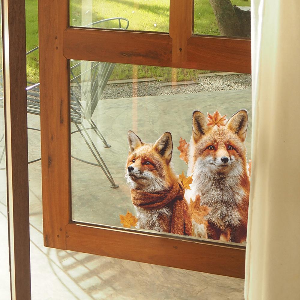 Creative Simulation Autumn Fox Fallen Leaves Home Glass Door and Window Decorative Stickers