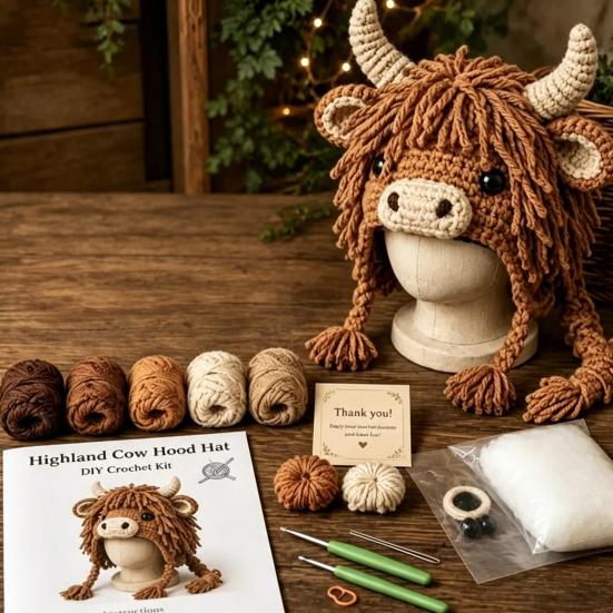 Handmade Yarn Crafts Animal Hood Hat Crochet Kit, DIY Earflap Craft Complete Knitting Materials Cute Crafting Project for Adults Teens, Gift