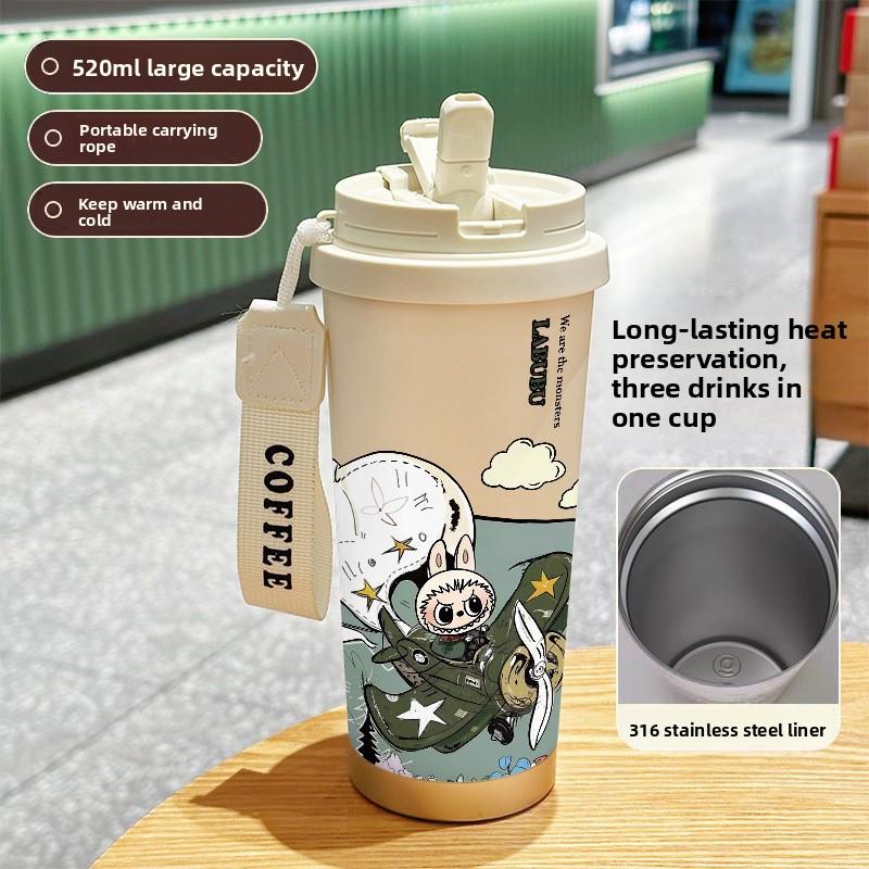 Edelstahl-Thermosbecher mit großem Fassungsvermögen und hohem Wert für Doppelgetränke, sieben Strohhalme, Auto-Kaffeebecher