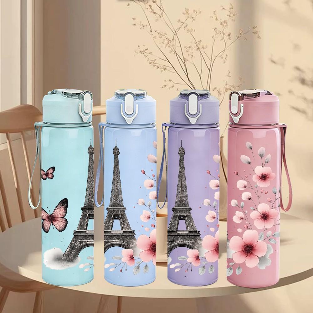 1PC Eiffel Tower Paris Floral 750ml Color Plastic Sports Water Bottle Leakproof Flip Straw Lid Suitable for Sports Office Home Use