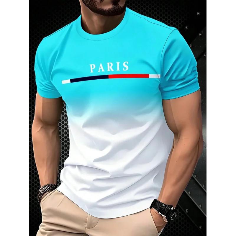 

Летняя мужская футболка с градиентным принтом 3D букв Paris для занятий спортом на открытом воздухе, быстросохнущий топ с коротким рукавом, мужская одежда больших размеров M
