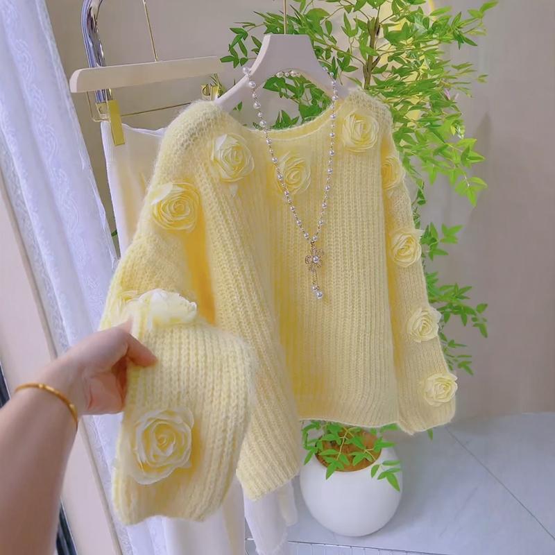 Höst Rosa Blommig Stickad Tröja Dam Lättsam Fransk Stil 3D Kamelia Lös Vinterkläder