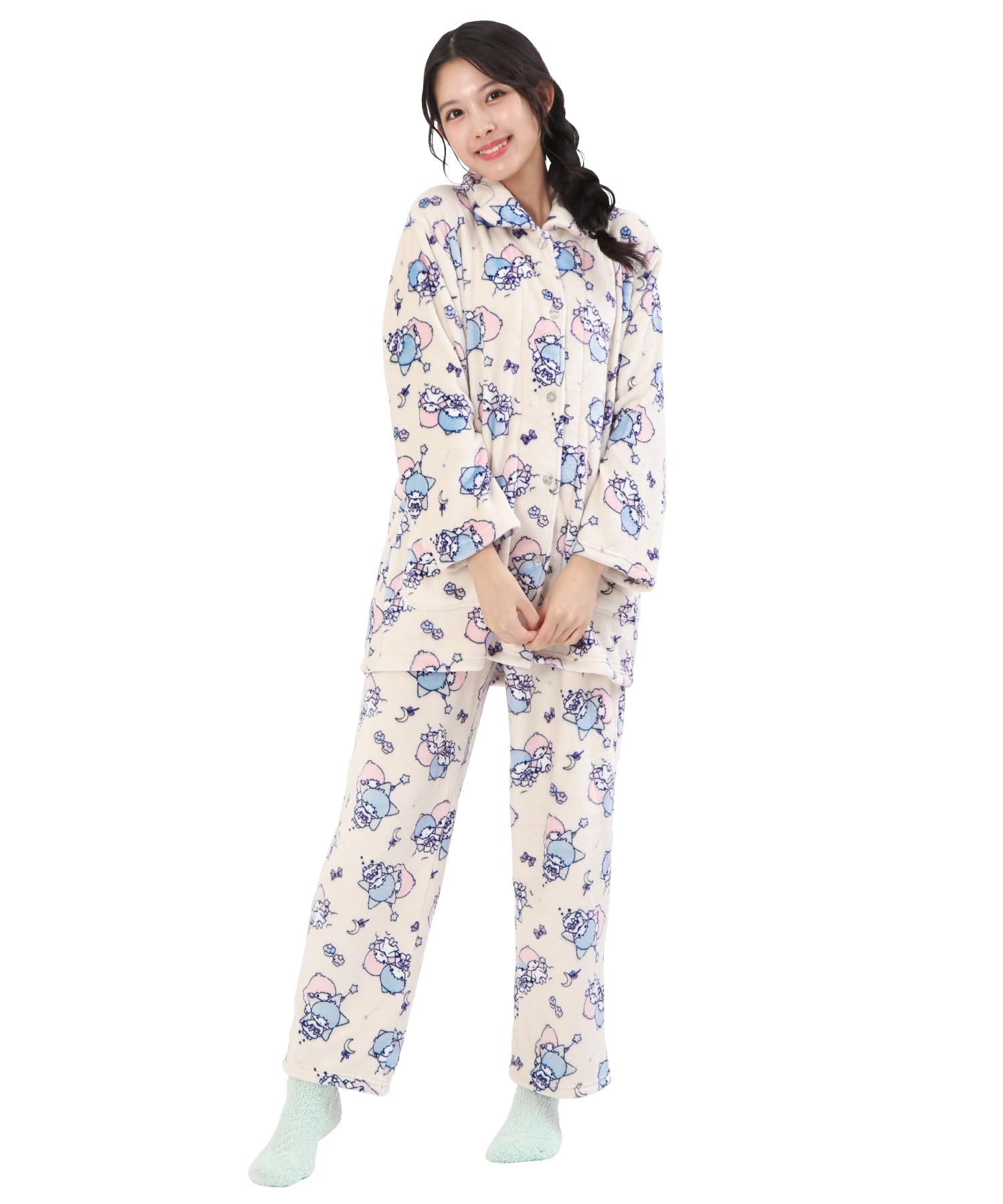 

SAZAC KikiLala Twin Stars Long Open Flannel Shirt and Pants Set Women s Pajamas, Sleeve, Front, Fall/Winter (Ivory/M/san1982) слоновая кость