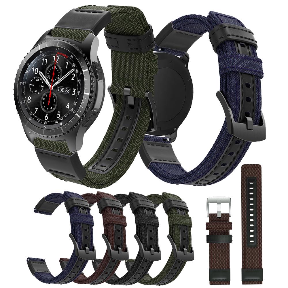 For Samsung Gear S3 Classic/S3 Frontier/Galaxy Watch 46mm Canvas+Genuine Leather Watch Band Nylon Sports Wrist Strap