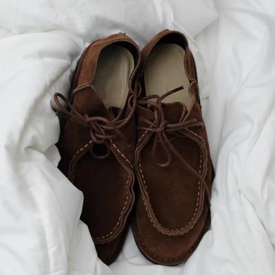 Retro Velvet Spring and Autumn New Leather Round Head Lace-up Flat Bottom Can Be Stepped On Casual Single Shoes Women