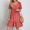 Vestido Feminino Casual de Verão com Manga Curta, Solto, Moda, Elegante, Linha A, Plissado, Liso, Tamanho Plus, Simples, Vintage, para Férias, Praia 26315