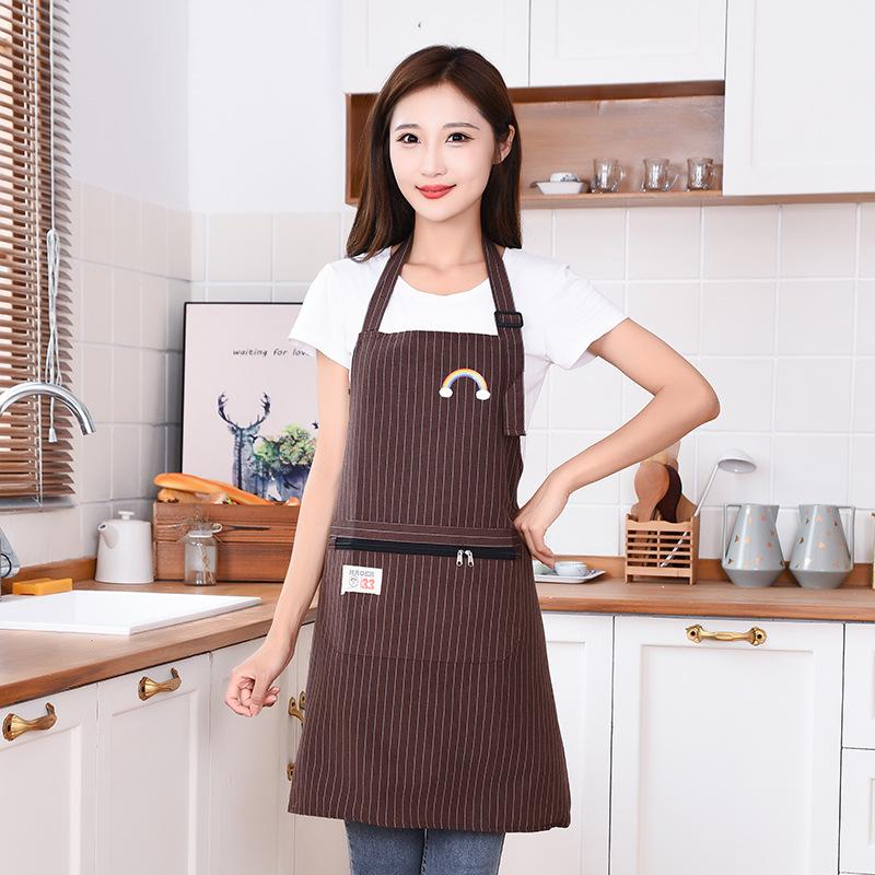 Kitchen Oil Resistant Apron Striped Zippered Linen-Cotton Apron With Straps Breathable Apron Women'S Dirt Resistant Work Clothes