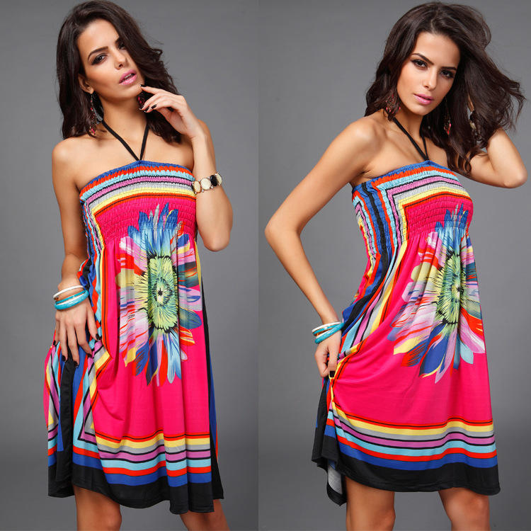 Summer Party Beach Boho Dress Sexy Wrapped Chest Sleeveless Knee-length Dress
