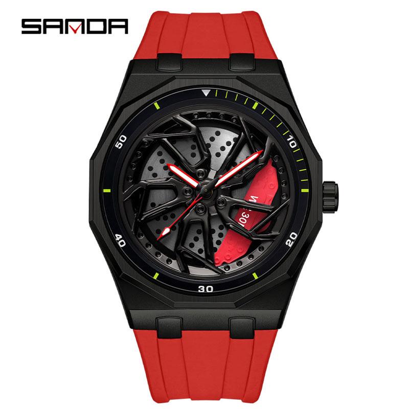 Sanda Men's Waterproof Alloy Car Wheel Design Silicone Wristwatch