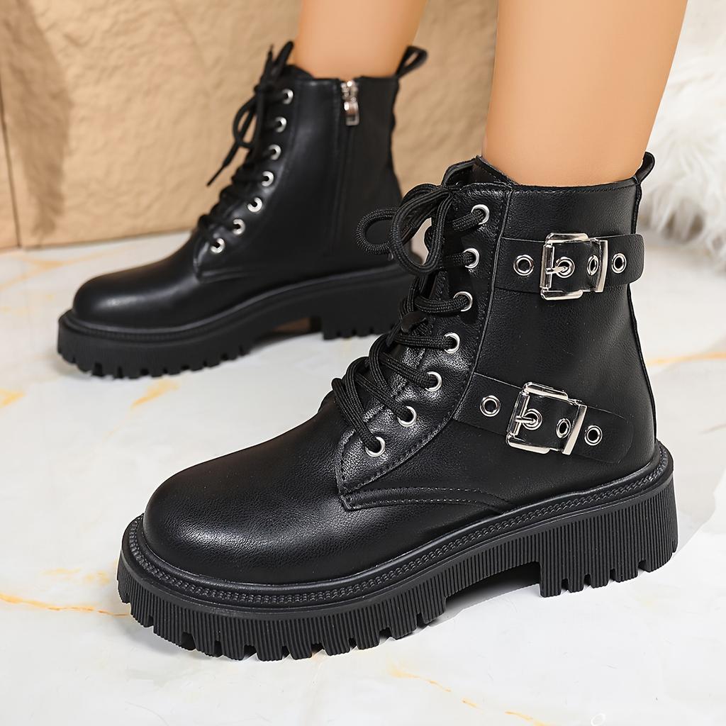 Black Women's New Arrival Motorcycle Boots with Side Zipper, Thick Soles, and British Style Short Boots
