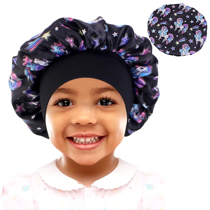 Neues Baby Einhorn Cartoon Druck Satin Nachtschlafmütze Elastisches Breites Band Bonnet Haarabdeckung Mütze Beanie Salon Bad Spa Duschhauben