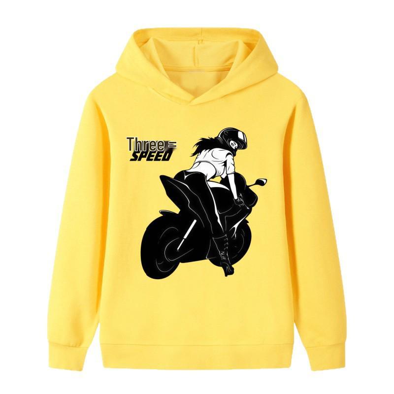 2026 Kids Unisex Hoodie: Black & White Silhouette Female Motorcycle Rider SPEED Racing Theme