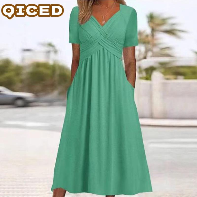QICED Women's Fashion Summer Spring Solid Color Print Short Sleeve V-Neck Casual Dresses