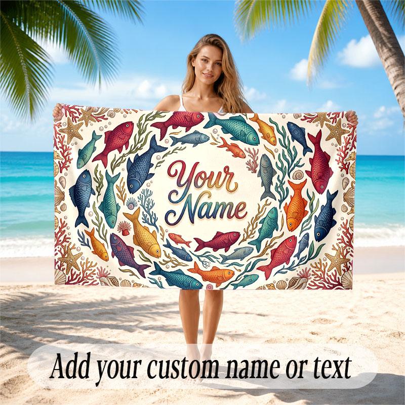 Fish Ocean Theme Beach Towel Personalized Custom Name & Text Soft Quick Dry Beach Towel for Swimming Travel