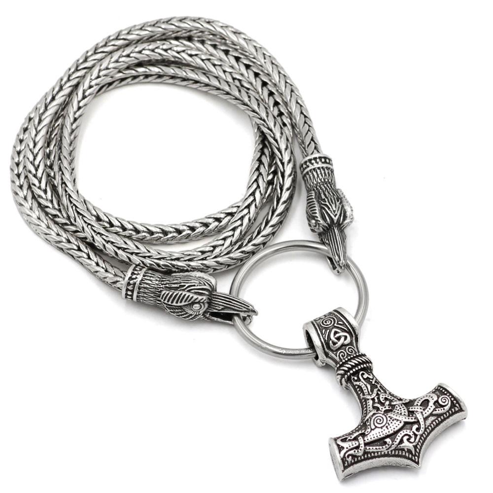 Norse Viking Raven Pendant Cord Odin's Ravens Of Thor's Hammer Amulet Axe Crow Chain Necklaces Men Ethnic Jewelry Drop Shipping