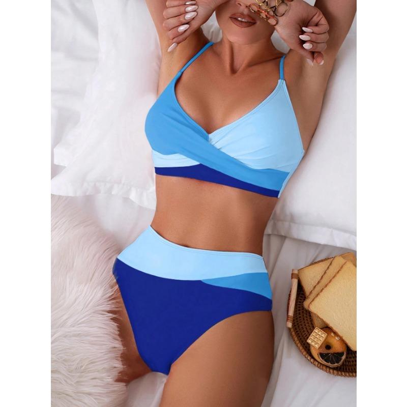 Women's Black and White Color Block Cross Wrap High-Waist Two-Piece Bikini Swimsuit