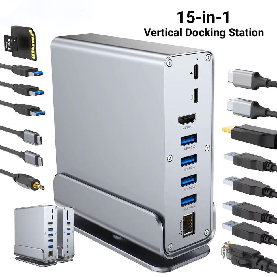 15 In 1 USB-C Docking Station Type-C 4K60Hz HUB With HDTV PD 100W USB 3.0 SD/TF RJ45 1000M 3.5 mm Audio For Laptop
