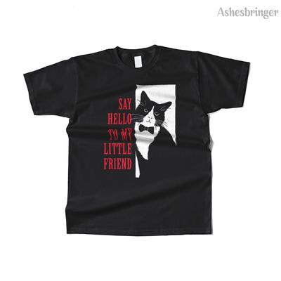 Mens Cotton Hello, Little Friend Graphic Funny Cat T Shirt Street Casual Style Tee for Men and Women