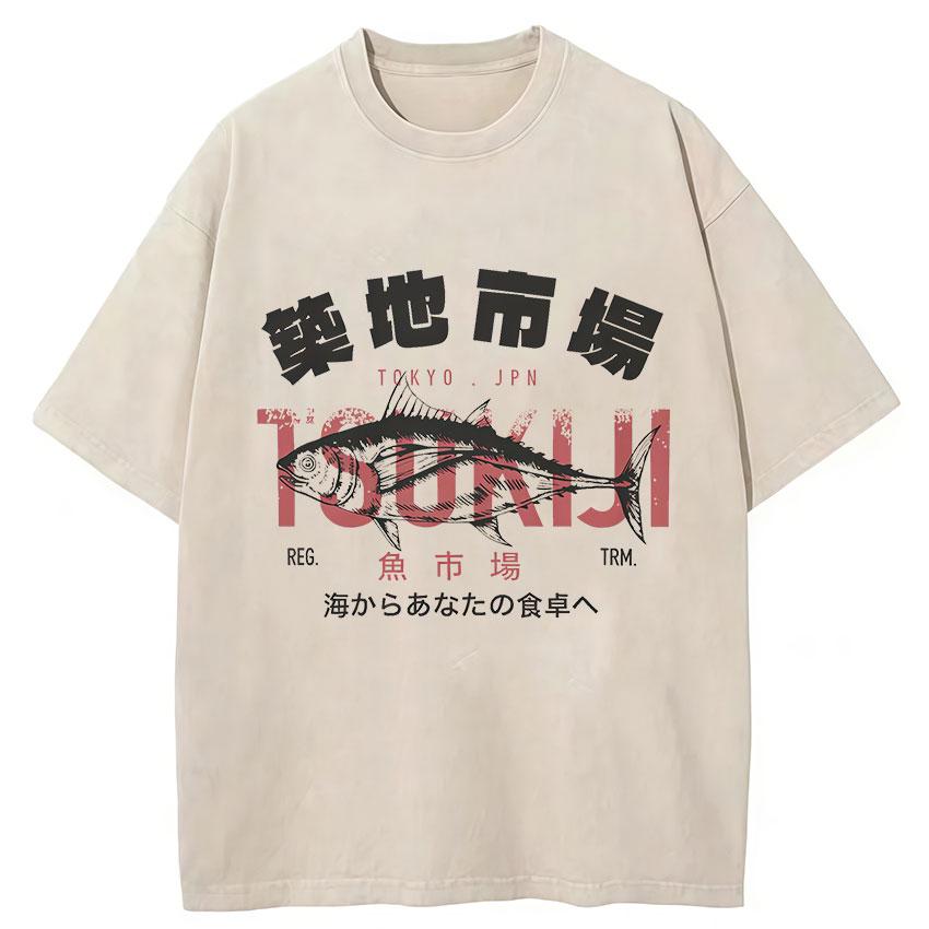Funny Fish Japanese Tsukiji Market Vintage Washed T Shirts Unisex Women Summer Fashion Cotton Short Sleeve Tshirt Streetwear