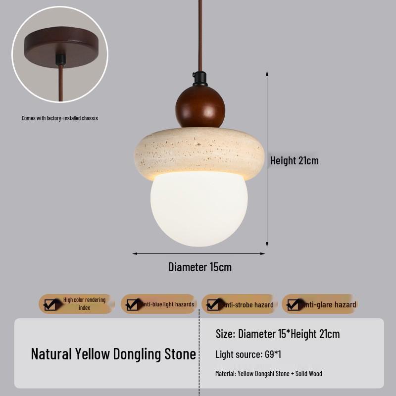 Japanese Wabi-Sabi Yellow Travertine Pendant Light, Retro Mid-Century Style for Bedroom, Homestay, or Restaurant.